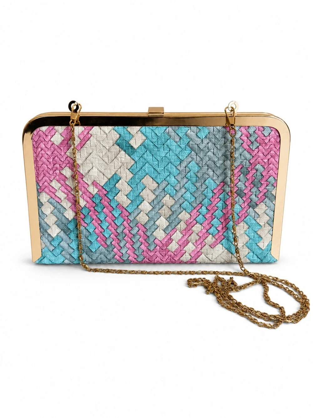 Woven Multicolor Leather Frame Clutch - Pink/Blue/Gray